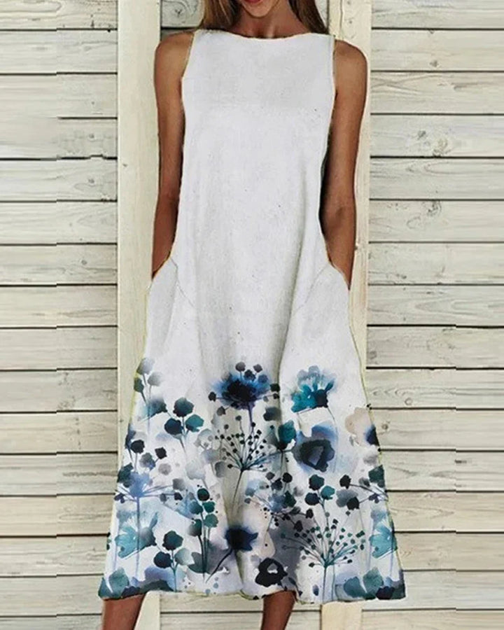 Barbara | Damen Ärmelloses Rundhals Blumen Midi Kleid