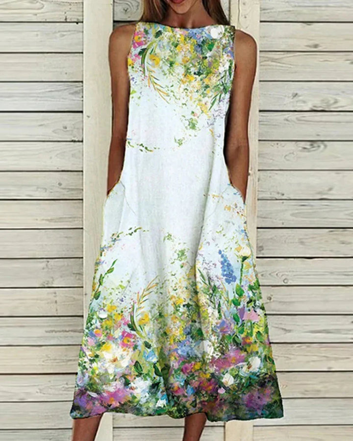 Barbara | Damen Ärmelloses Rundhals Blumen Midi Kleid