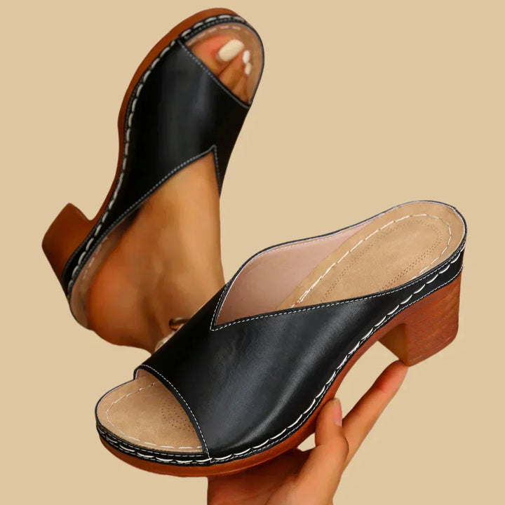Gabriela | Damen Offene Slip On Pantoletten Mit Blockabsatz