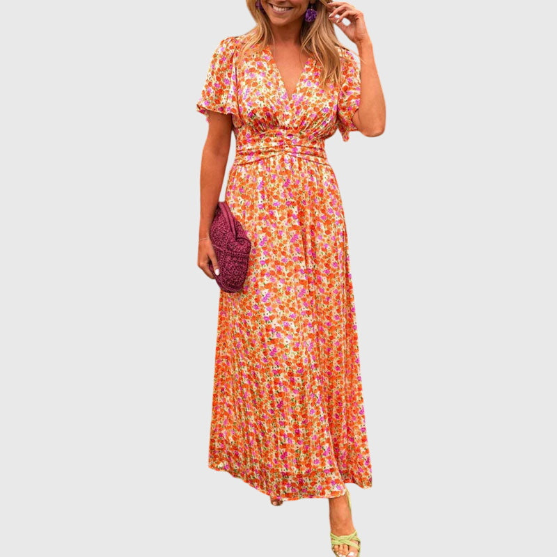Regine | Damen Maxikleid mit Blumenmuster und Kurzärmeln