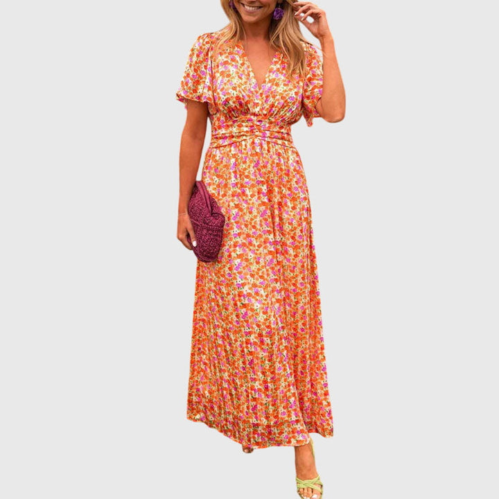 Regine | Damen Maxikleid mit Blumenmuster und Kurzärmeln