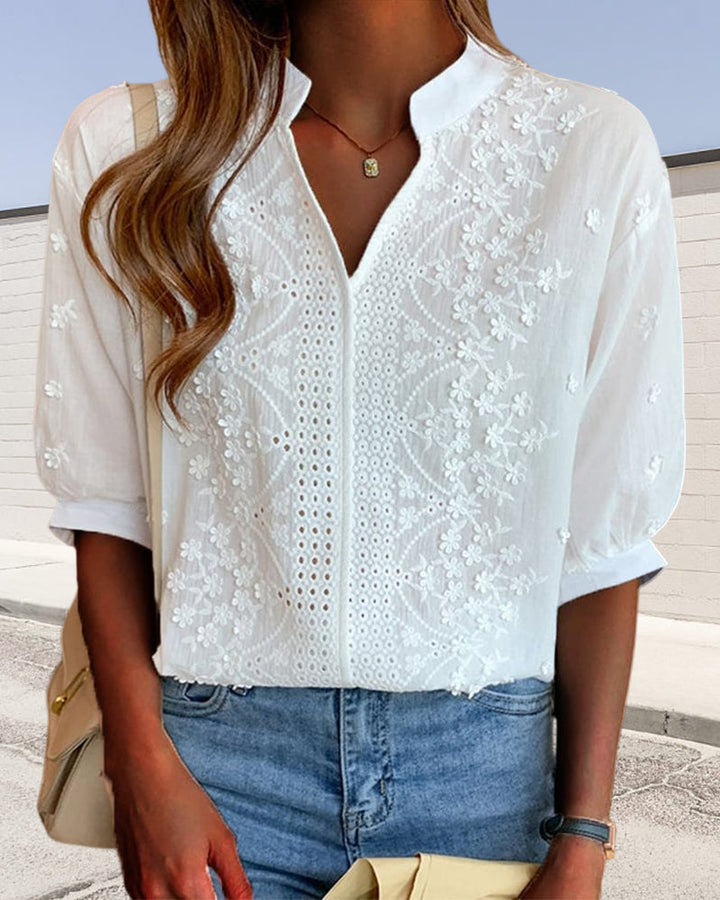 Susanne | Damen V-Ausschnitt Puffärmel Bluse