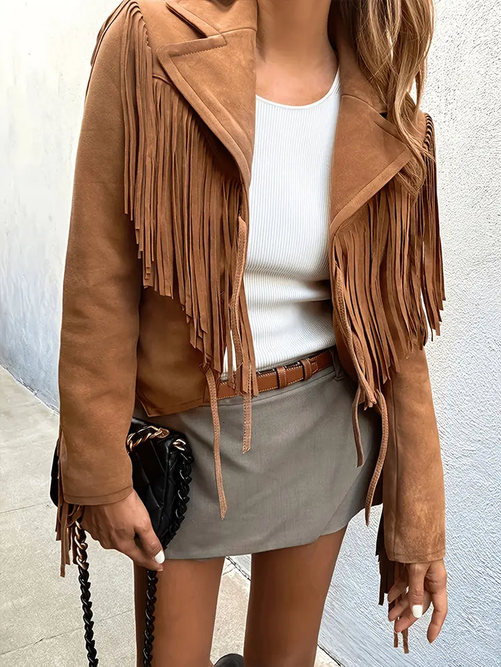Natalie | Damen Boho-Chic Jacke aus Kunstwildleder mit Fransen