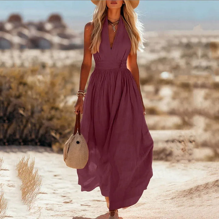 Mia | Damen Boho Neckholder Maxi Leinen-Kleid
