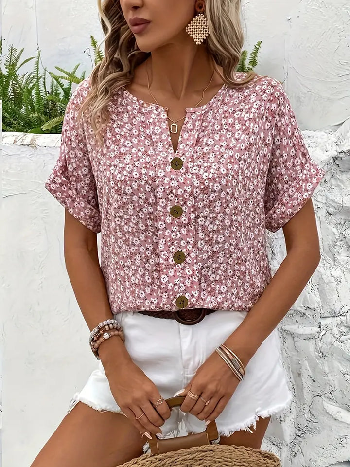 Annika | Damen Sommer Kurzarm Blusen-Top mit Knöpfen