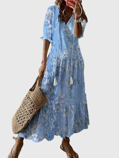 Michaela | Damen Boho Maxikleid mit V-Ausschnitt