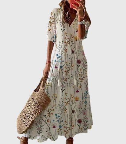 Michaela | Damen Boho Maxikleid mit V-Ausschnitt