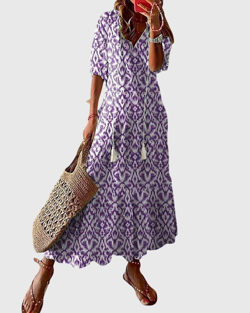 Michaela | Damen Boho Maxikleid mit V-Ausschnitt