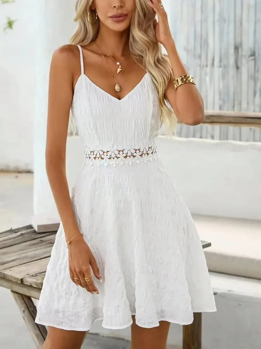 Marie | Damen Spaghettiträger Cocktailkleid mit Blumenspaille A-Linie Mini