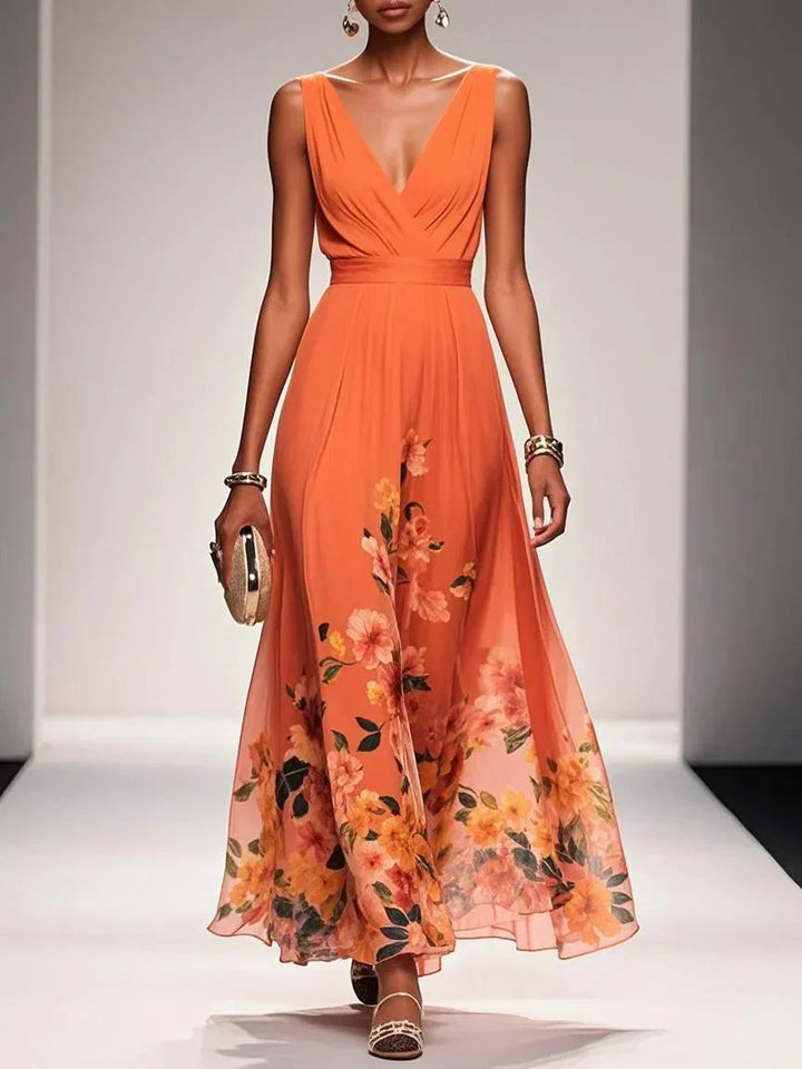 Carolin | Damen Florales Chiffon Sommer Maxikleid