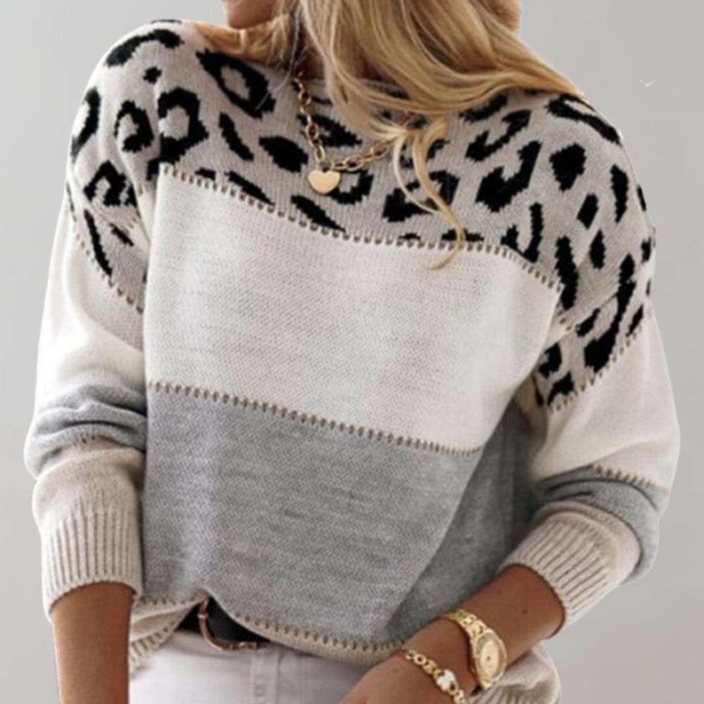 Viola | Damen Weicher Strickpullover mit Farbblock und Leopardenmuster