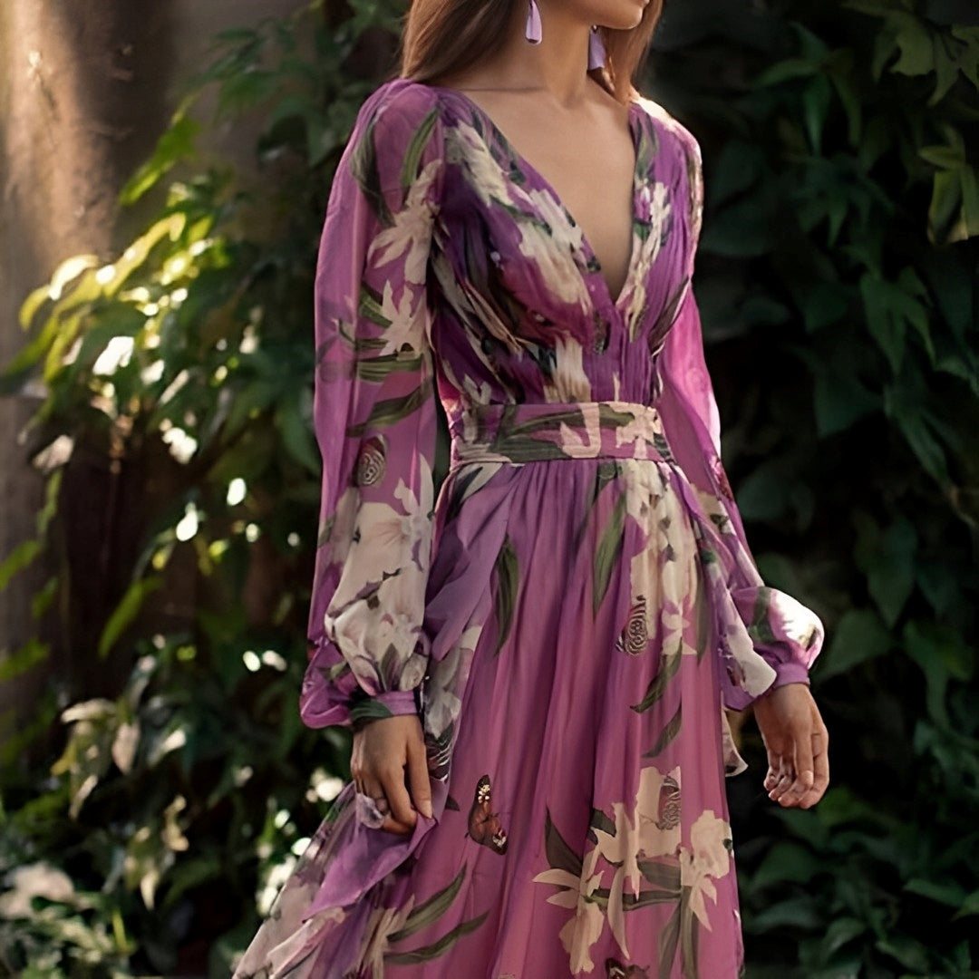 Johanna | Damen Bequemes Blumen V-Ausschnitt Maxi Kleid