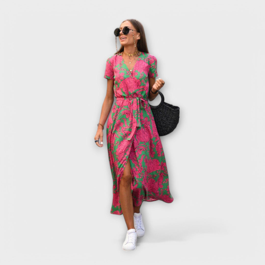 Renate | Damen Lässiges Langkleid mit V-Ausschnitt und Gürtel