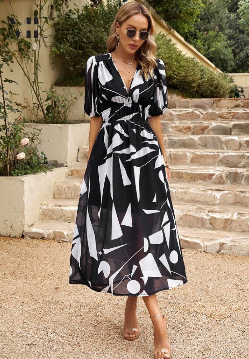 Doris | Damen Abstrakt Print Wickel Midi Kleid
