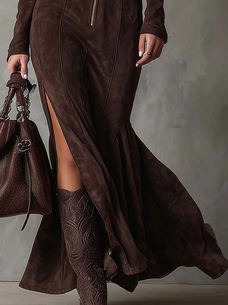 Emma | Damen Elegantes Maxikleid mit Gürtel und Hohem Schlitz