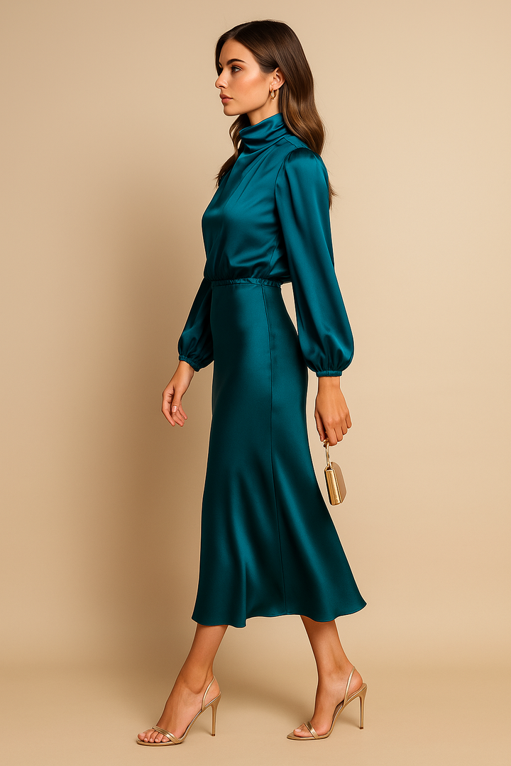Monika | Damen Langarm High-Neck Midikleid