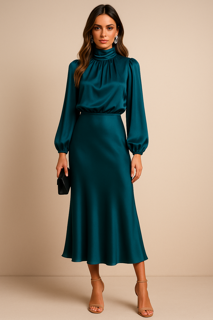 Monika | Damen Langarm High-Neck Midikleid