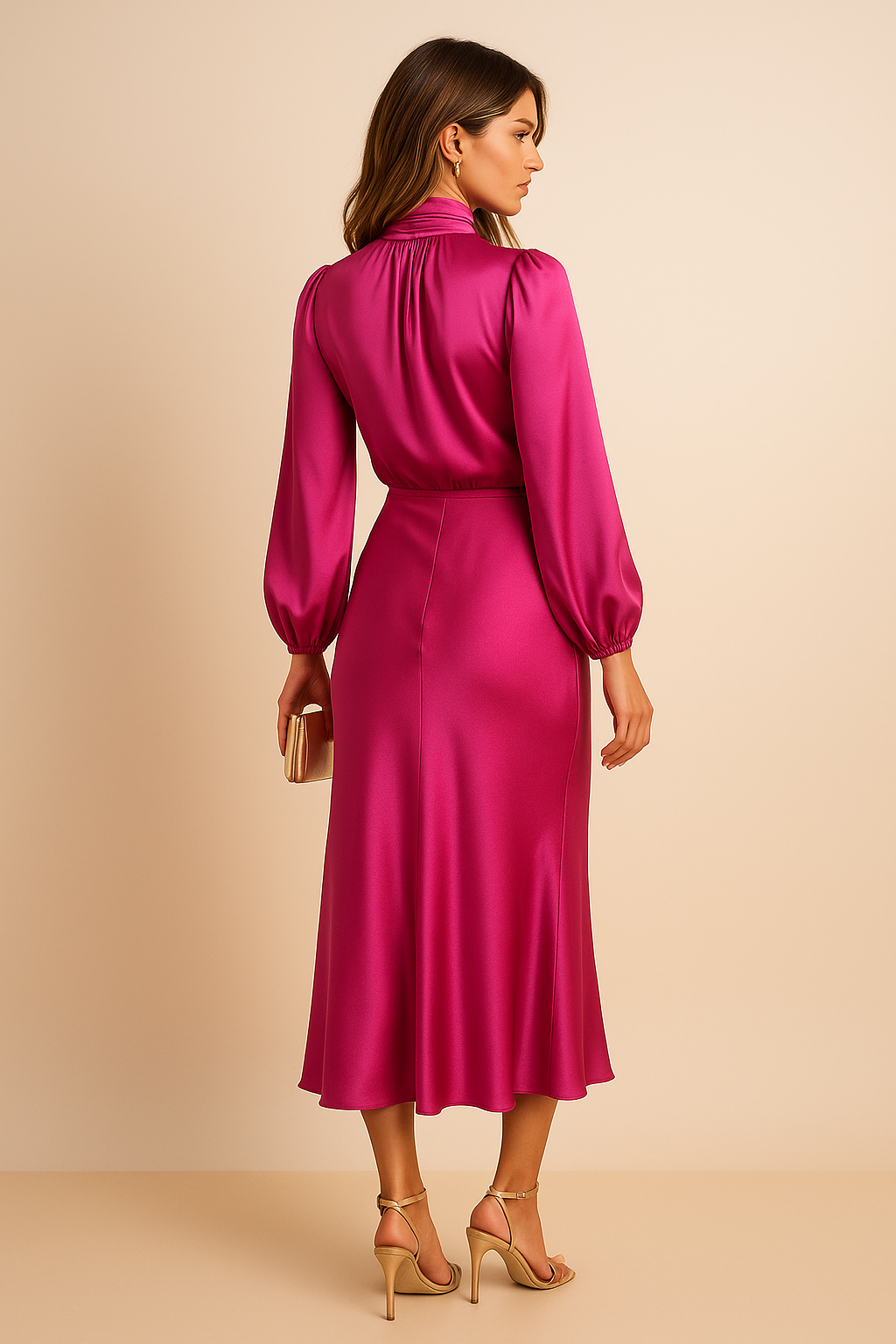 Monika | Damen Langarm High-Neck Midikleid