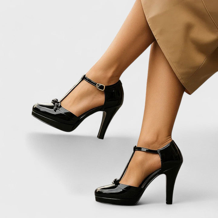 Lena | Damen Frühlings T-Riemen Schleifen Plateau Heels