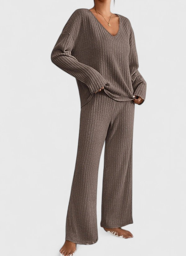 Sabina | Damen Lounge-Set mit Rippstrick und weiter Hose