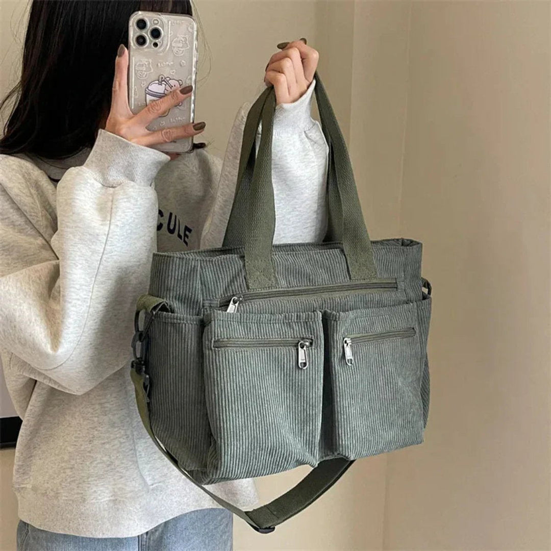 Nora | Cord Tote Bag Damen Schultertasche Mehrfachtaschen Reißverschluss