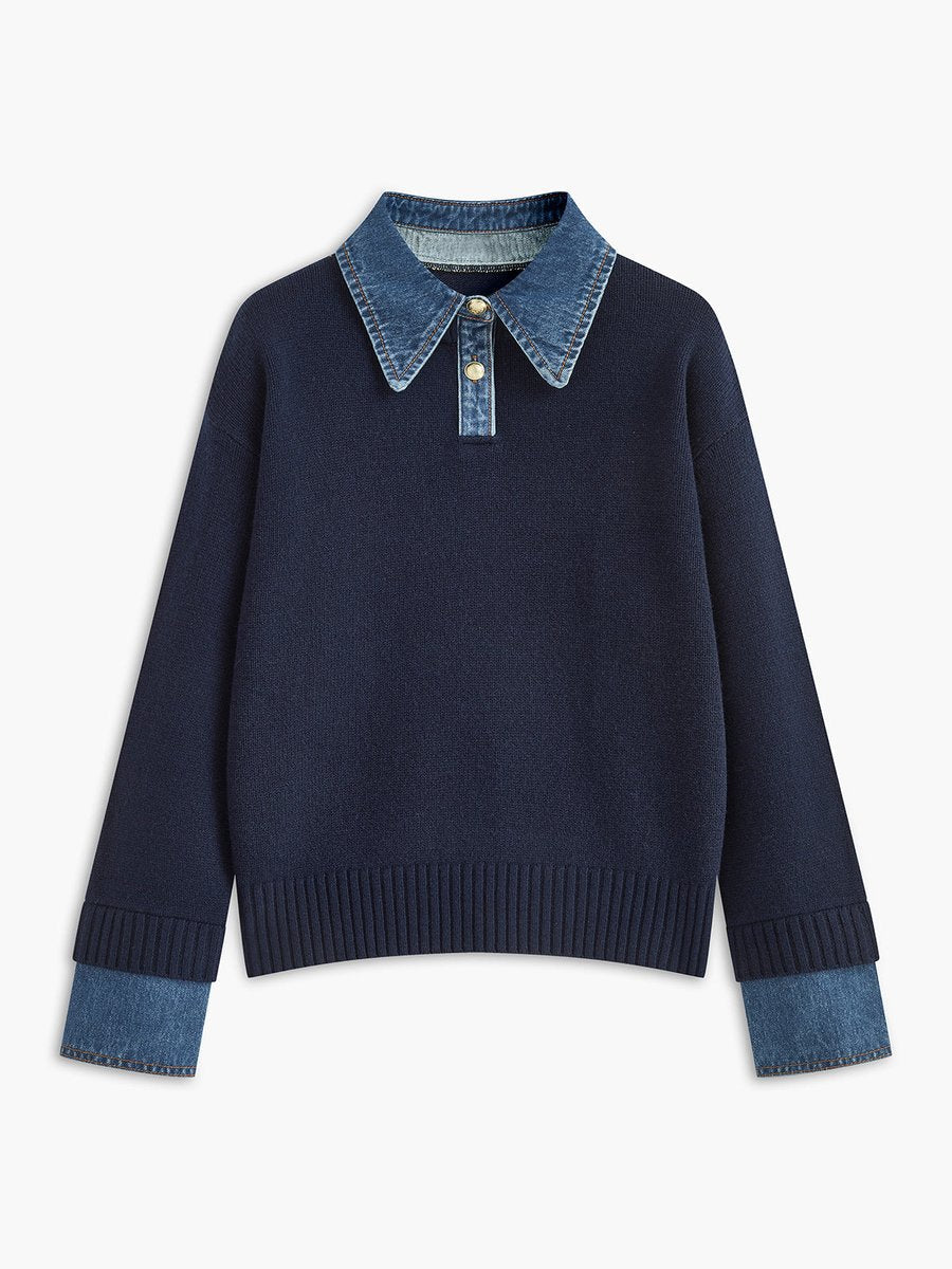 Amelie | Damen 2-in-1 Strick-Sweater mit Denim-Kragen und Metallknöpfen