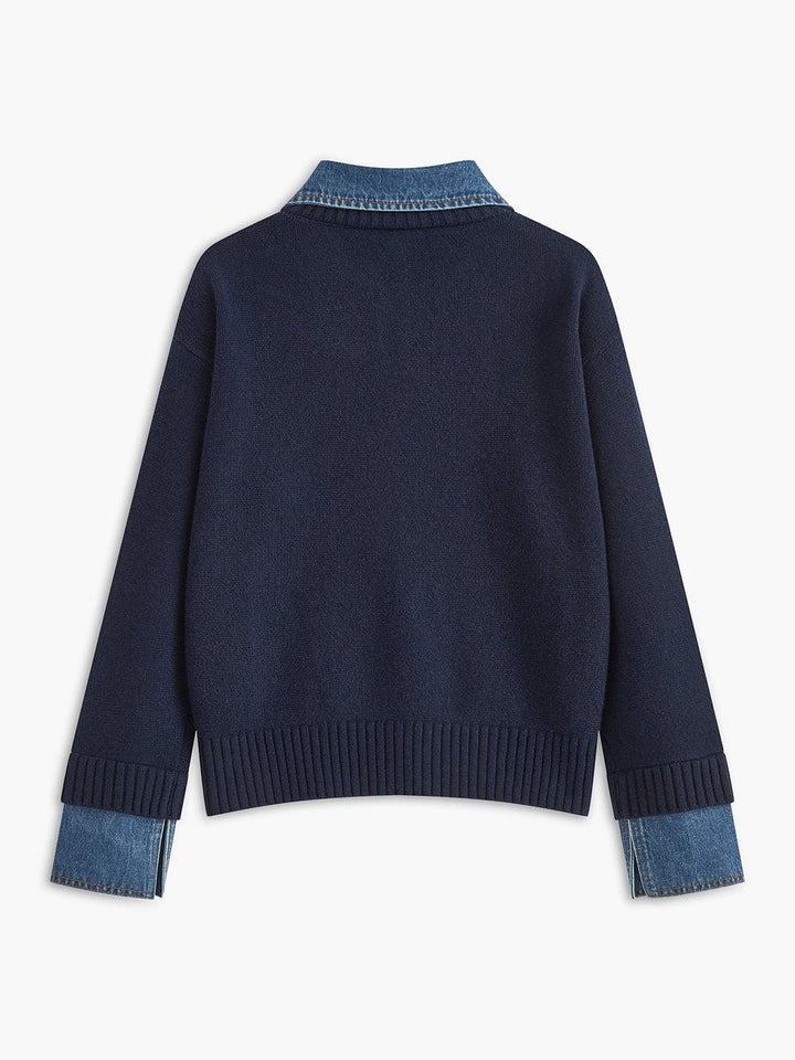 Amelie | Damen 2-in-1 Strick-Sweater mit Denim-Kragen und Metallknöpfen