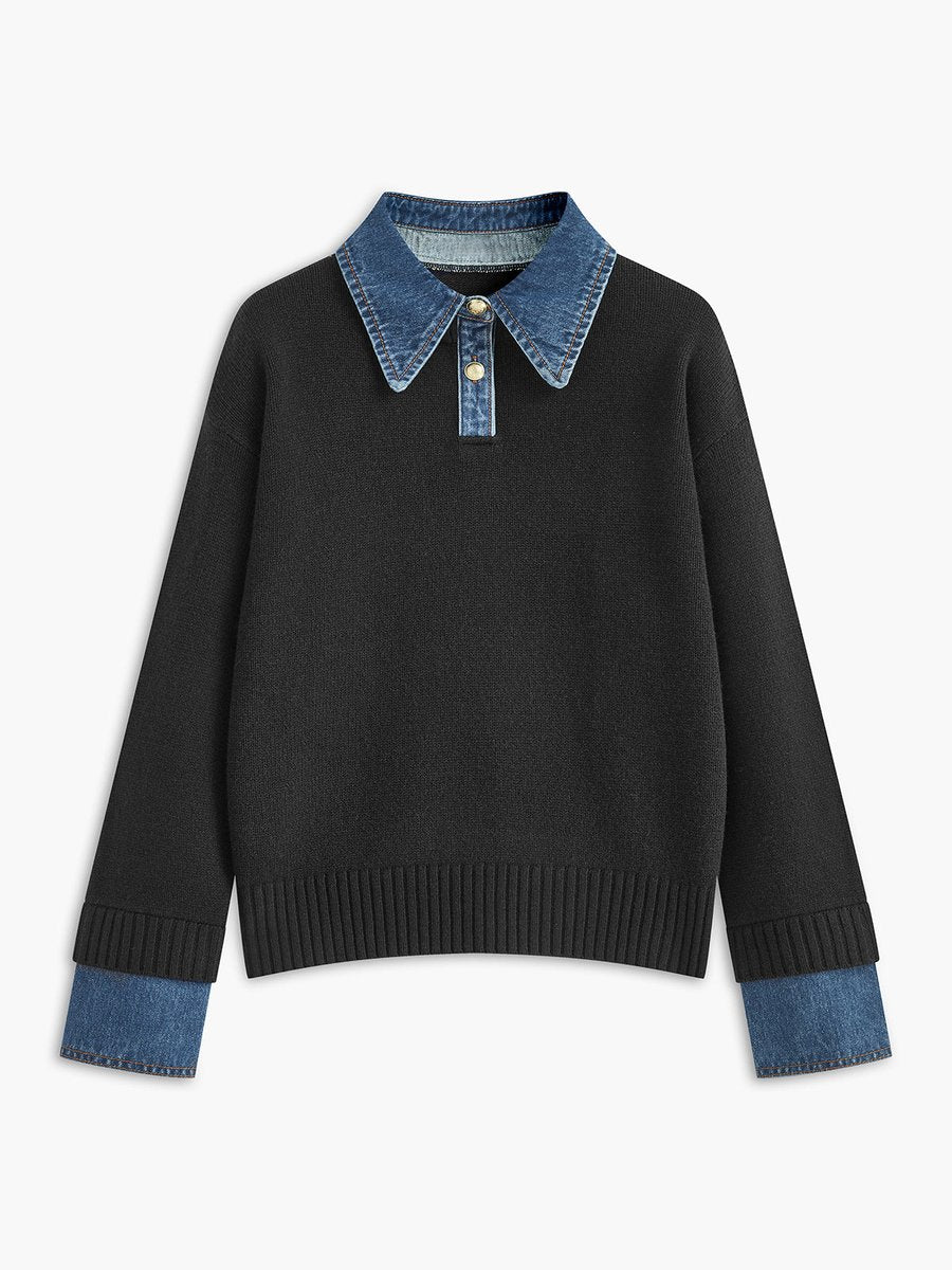 Amelie | Damen 2-in-1 Strick-Sweater mit Denim-Kragen und Metallknöpfen