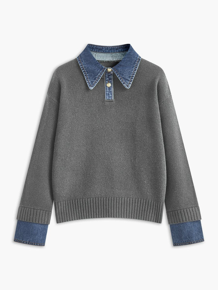 Amelie | Damen 2-in-1 Strick-Sweater mit Denim-Kragen und Metallknöpfen