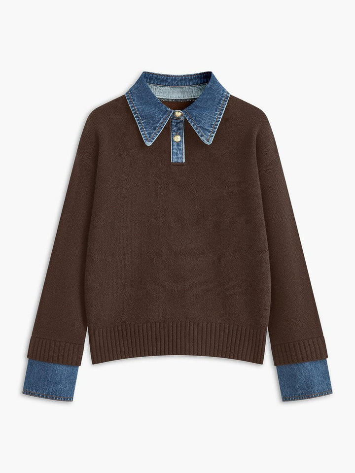 Amelie | Damen 2-in-1 Strick-Sweater mit Denim-Kragen und Metallknöpfen