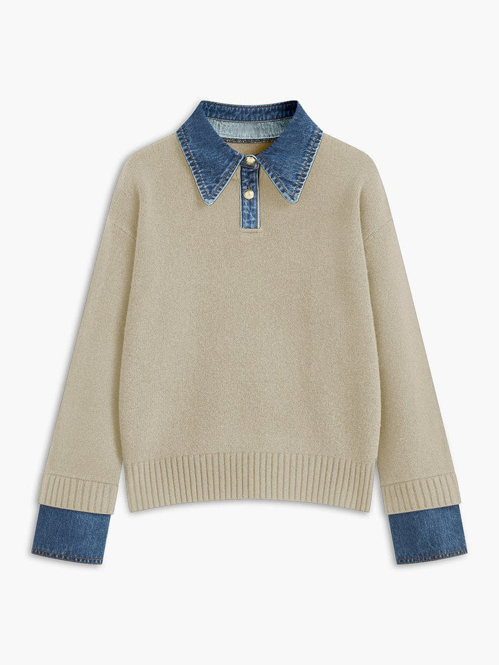 Amelie | Damen 2-in-1 Strick-Sweater mit Denim-Kragen und Metallknöpfen