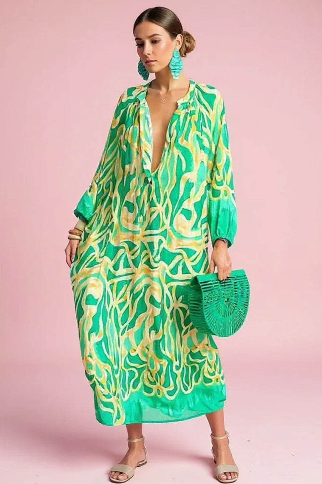 Johanna | Damen Abstrakt-Print Weiter V-Ausschnitt Kaftan Maxikleid