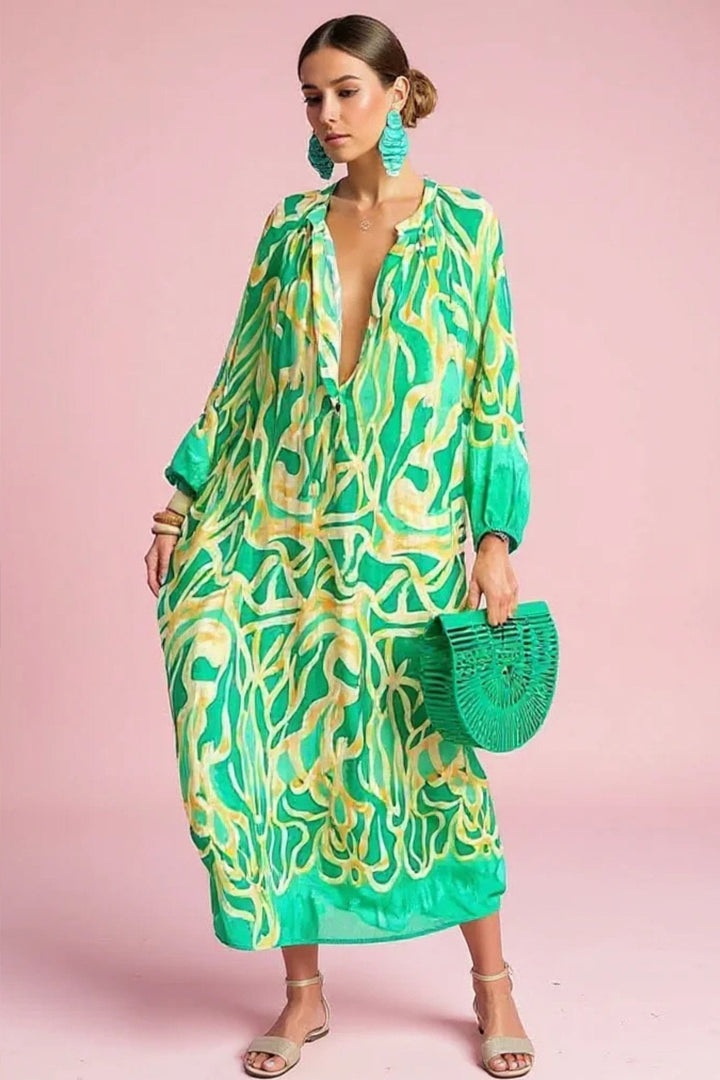 Johanna | Damen Abstrakt-Print Weiter V-Ausschnitt Kaftan Maxikleid