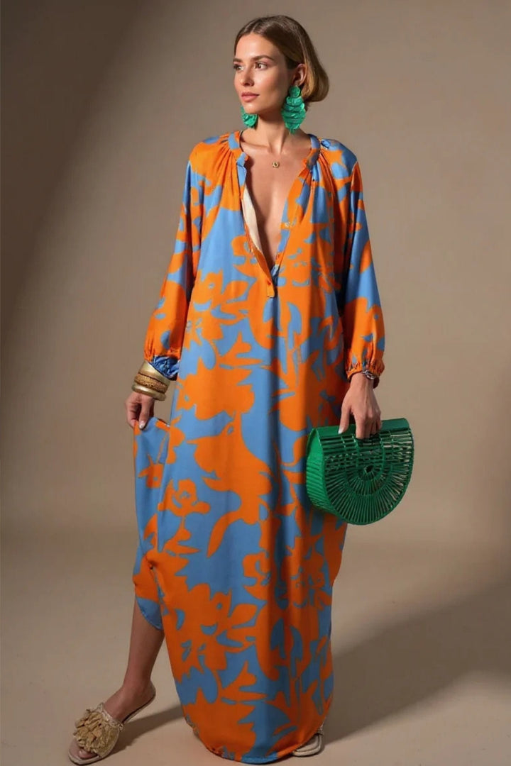 Johanna | Damen Abstrakt-Print Weiter V-Ausschnitt Kaftan Maxikleid