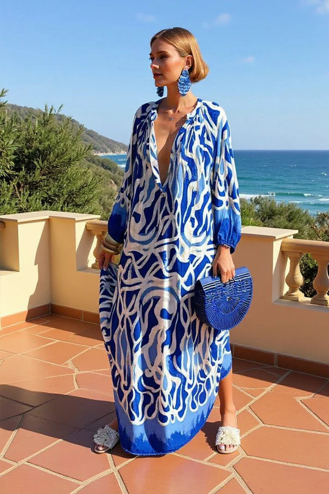 Johanna | Damen Abstrakt-Print Weiter V-Ausschnitt Kaftan Maxikleid