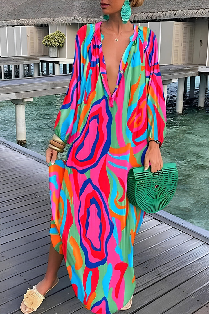 Johanna | Damen Abstrakt-Print Weiter V-Ausschnitt Kaftan Maxikleid