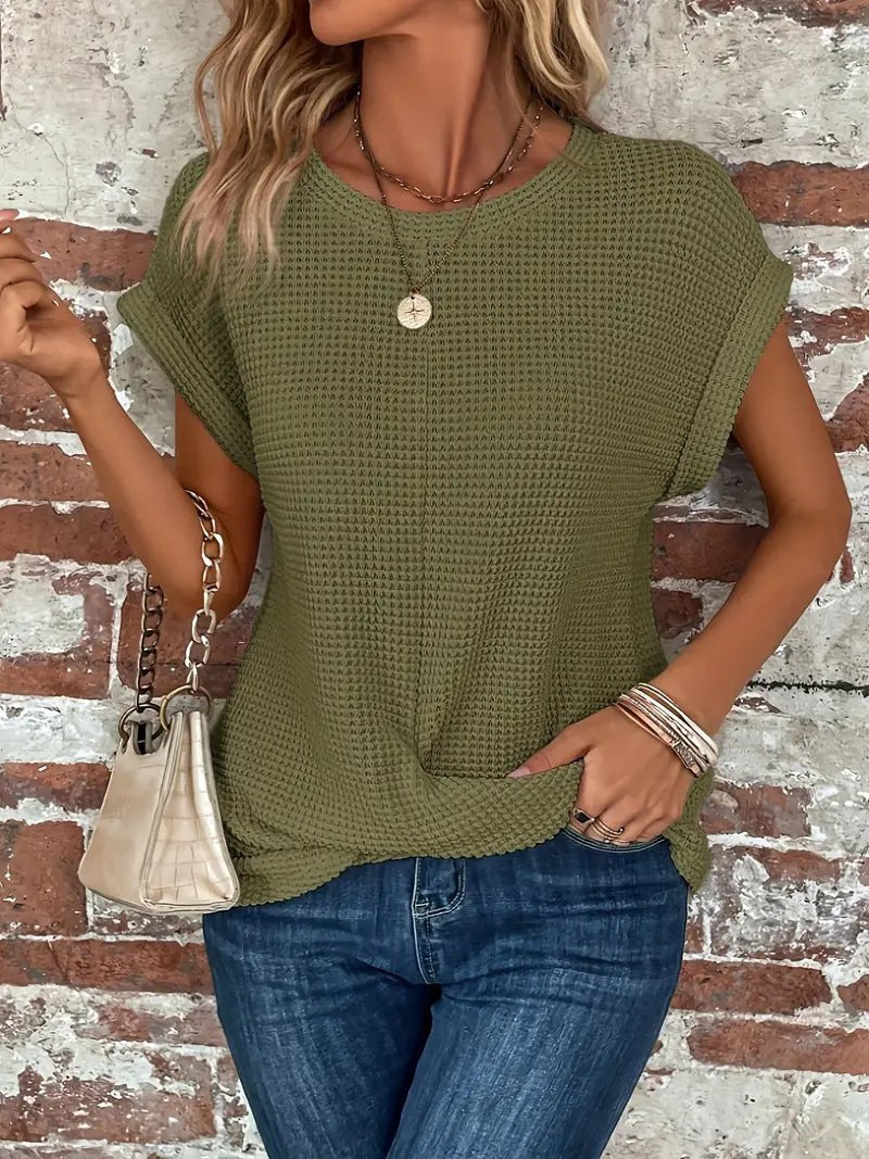 Leonie | Damen Baumwoll-Mix Waffel-Strick Kurzarm Top