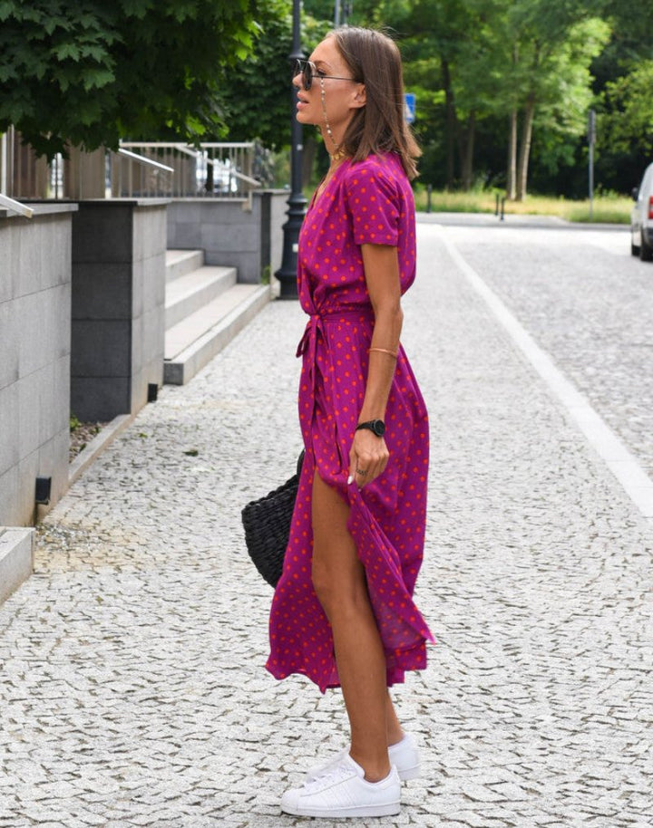 Marlene | Damen Baumwoll-Wickelkleid mit Blumendruck V-Ausschnitt Midi