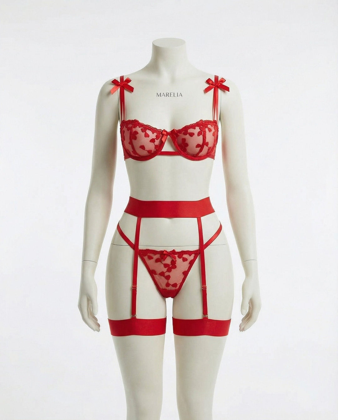 Emilia | Damen Bestickte Mesh Dessous-Set mit Strumpfhalter