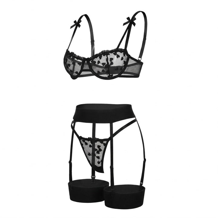 Emilia | Damen Bestickte Mesh Dessous-Set mit Strumpfhalter