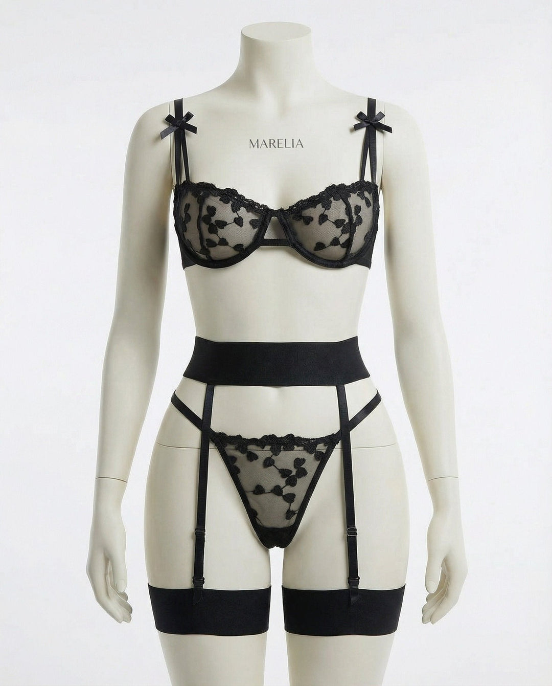 Emilia | Damen Bestickte Mesh Dessous-Set mit Strumpfhalter