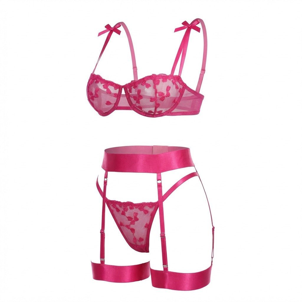 Emilia | Damen Bestickte Mesh Dessous-Set mit Strumpfhalter