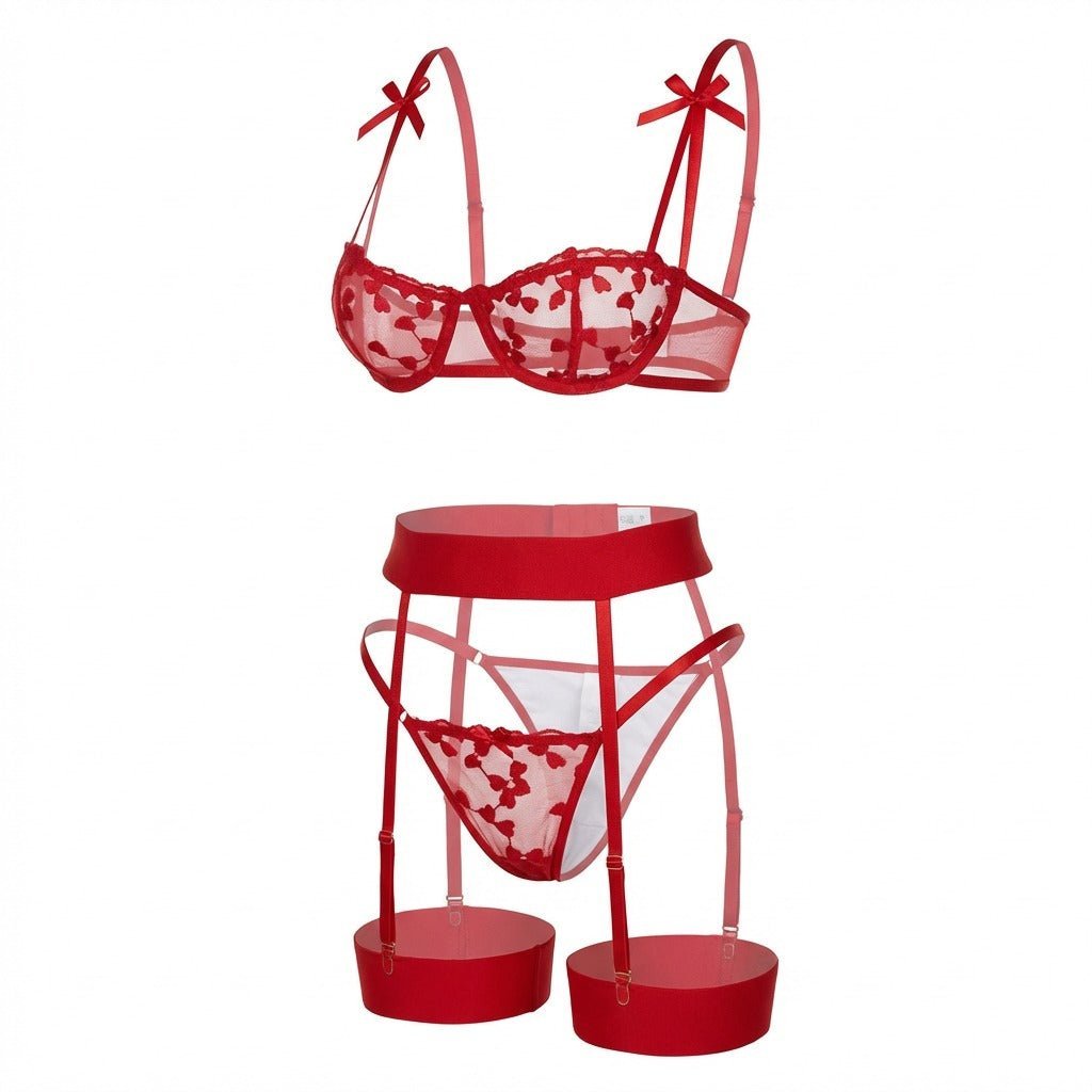 Emilia | Damen Bestickte Mesh Dessous-Set mit Strumpfhalter