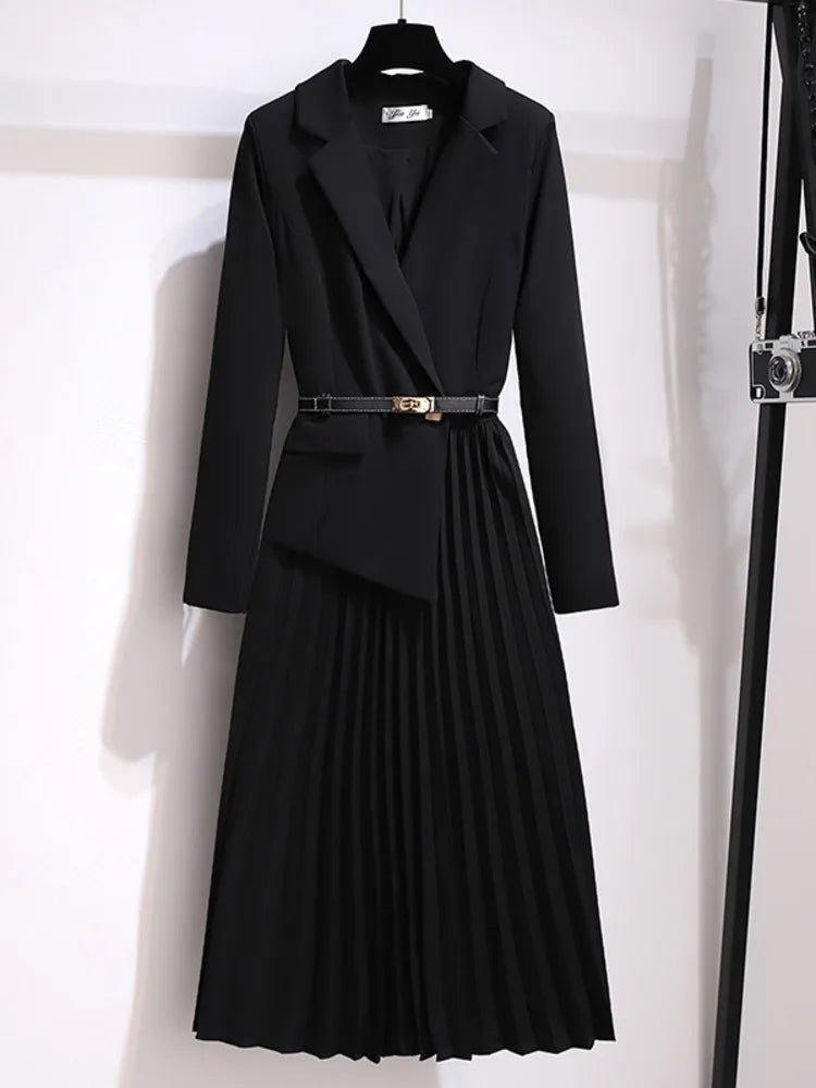 Emilia | Damen Blazer-Style Midi-Kleid mit Plisseerock und Gürtel