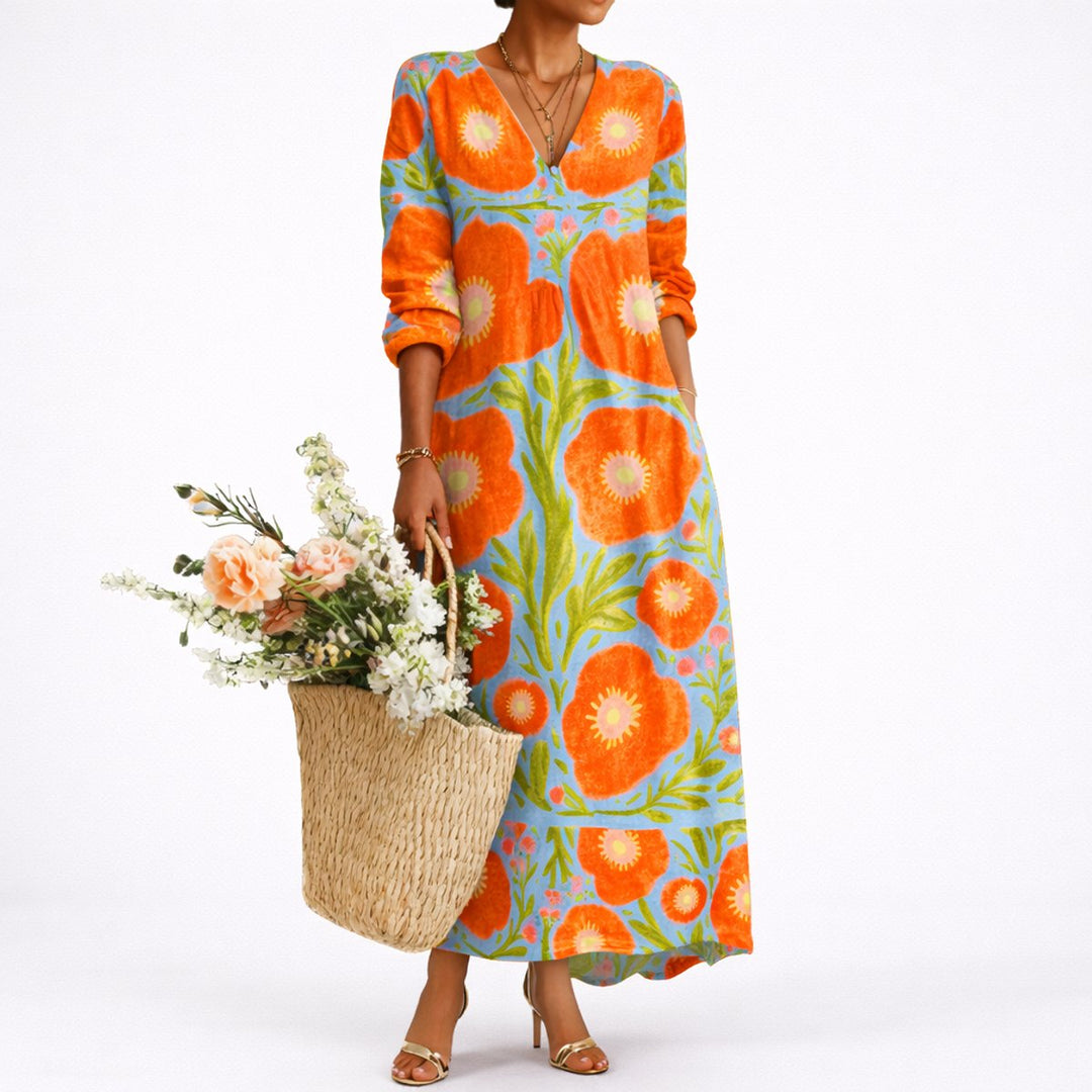 Lena | Damen Blumen Maxi Hochzeitskleid Elegantes V-Ausschnitt Abendkleid
