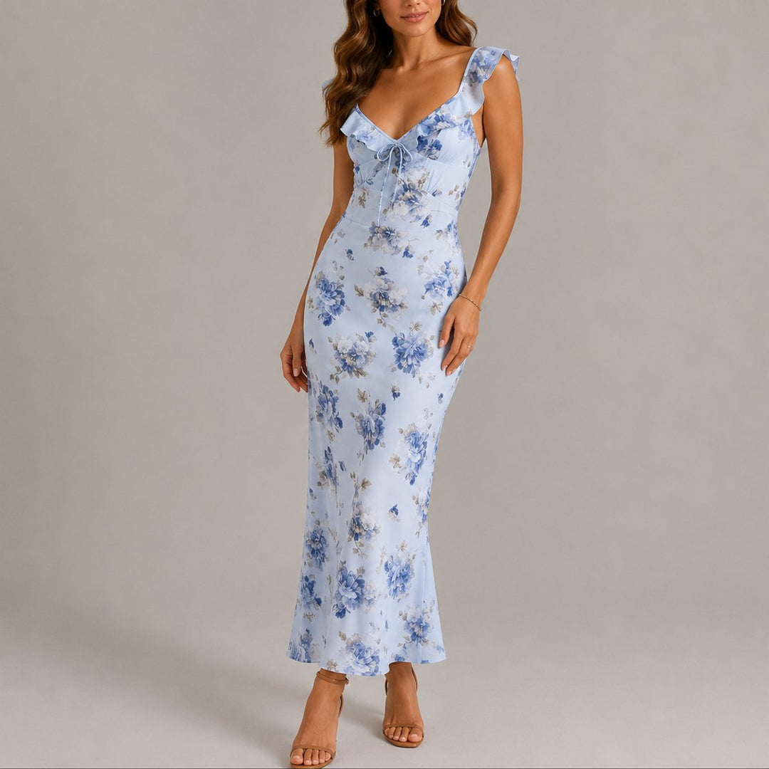 Greta | Damen Blumen Maxi Hochzeitskleid Rüschenträger Elegant