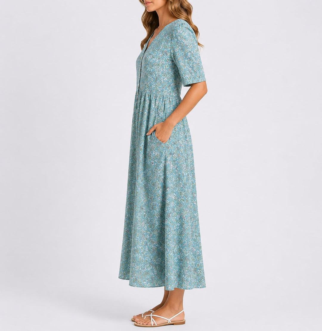 Johanna | Damen Blumen Midi Kleid für Herbst Hochzeitsgäste mit Rundhals