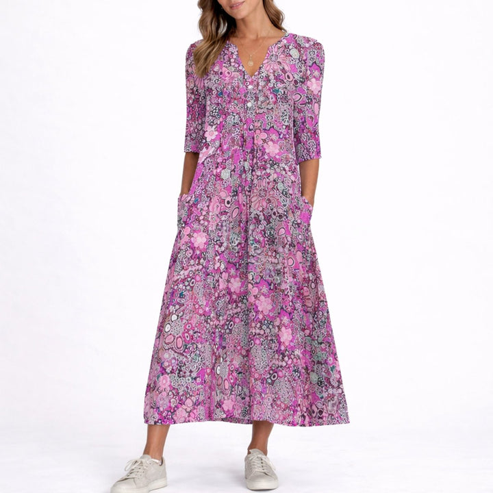 Clara | Damen Blumen Midi Kleid für Hochzeitsgäste im Herbst V-Ausschnitt