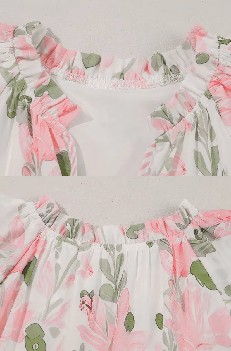 Hannah | Damen Blumen-Mini-Sommerkleid mit Puffärmeln und V-Ausschnitt