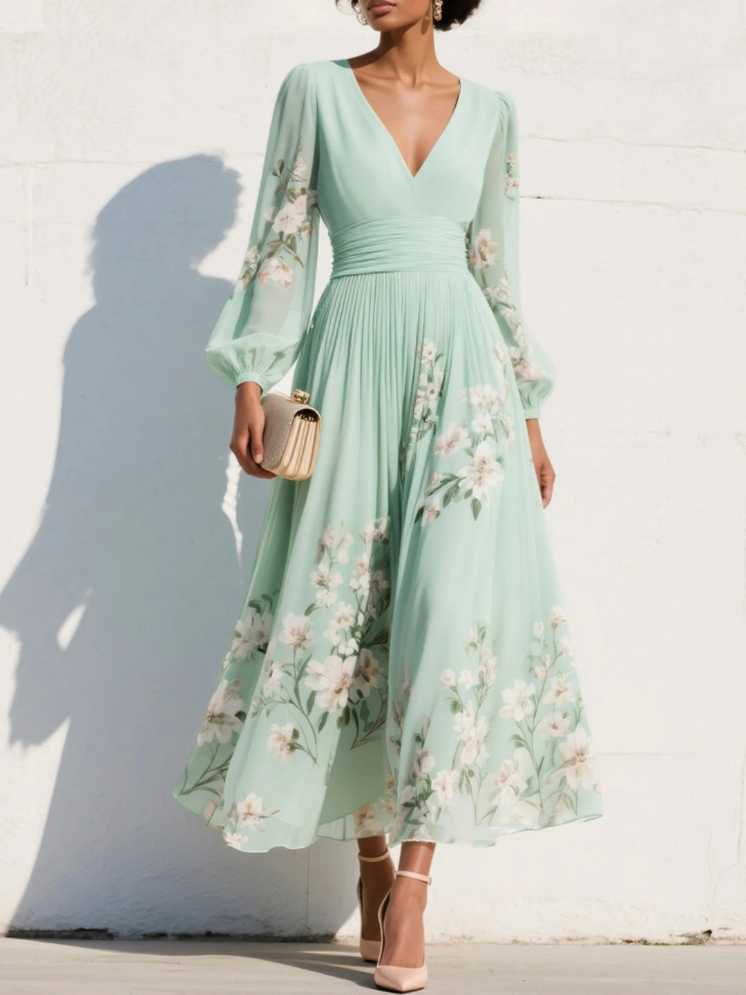 Elisabeth | Damen Blumenmuster V-Ausschnitt Ballonärmel Midi Chiffonkleid